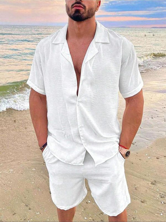 Men's Solid Color Shirt and Elastic Waist Shorts Set