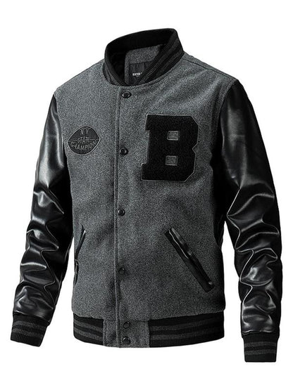 KZZ Men's Letter Patched Pocket Button Front Varsity Jacket