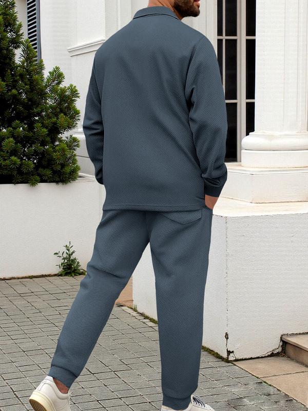 KZZ Men's two-piece casual suit with a stand-up collar long sleeves with a subtle texture