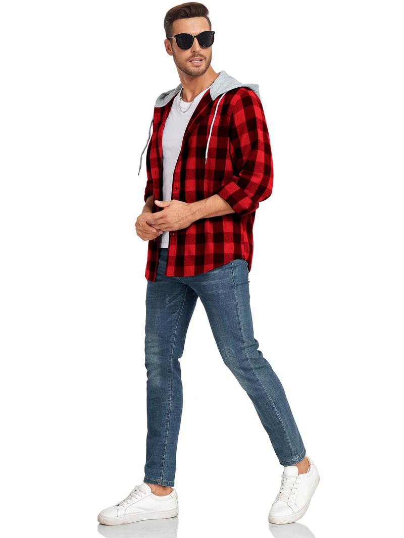 Plaid Patchwork Button Front Hooded Jacket