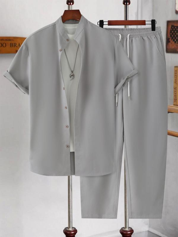 KZZ Men's Plain Short Sleeve and Elastic Waist Long Pants Set