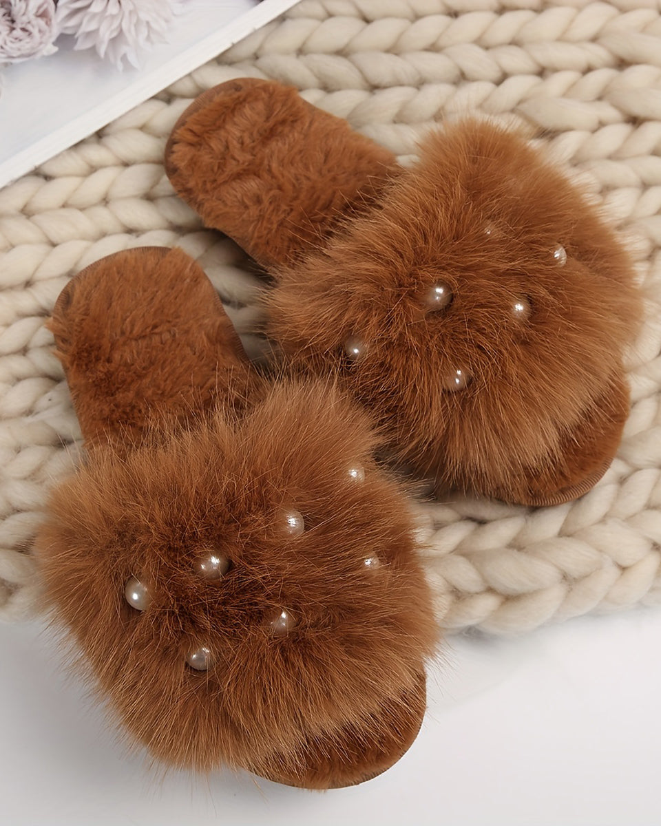 Cozy Pearl Long Plush Fuzzy Flat Slippers