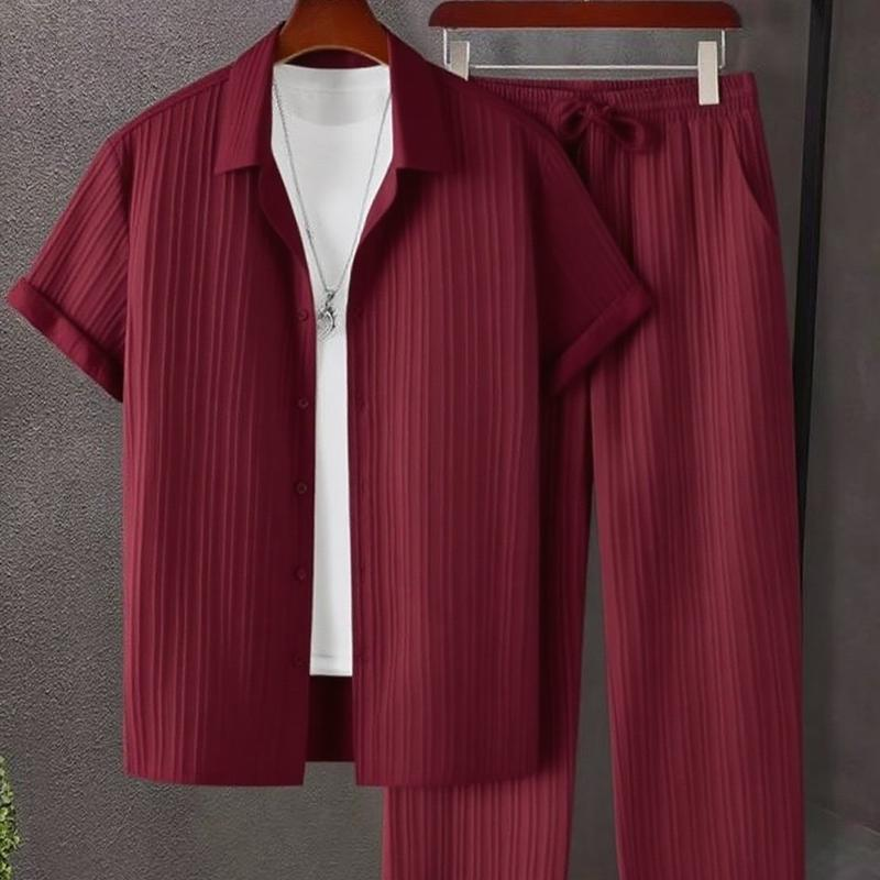 KZZ Men's Two-piece Suit Shirt and Elastic Waist Pants Set