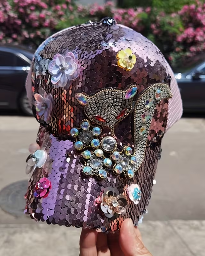 High-Quality Rhinestone & Sequin-Embellished Fox Accent Baseball Cap