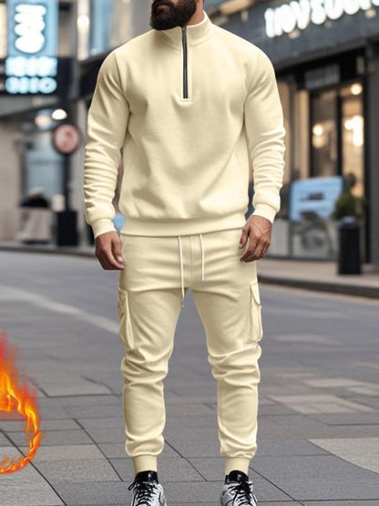 KZZ Men's Casual Fleece Lined Zipper Work Pants Set