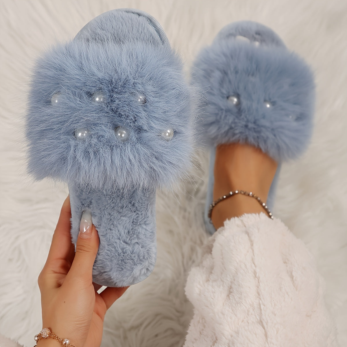 Cozy Pearl Long Plush Fuzzy Flat Slippers