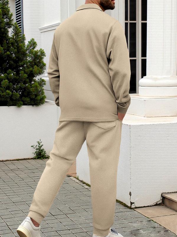 KZZ Men's two-piece casual suit with a stand-up collar long sleeves with a subtle texture