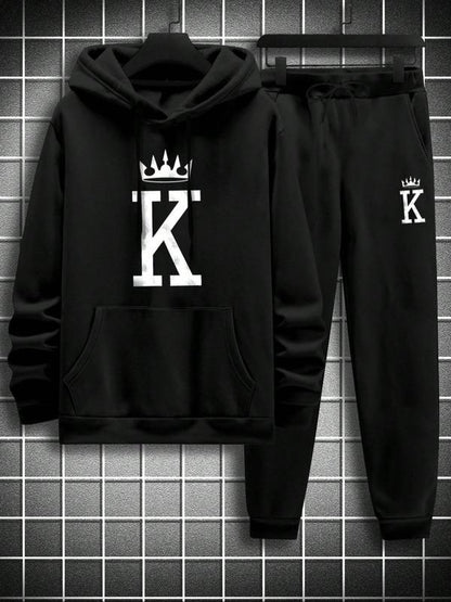 KZZ Men's Fleece Jogger Set, Hooded Sweatshirt & Drawstring Pants