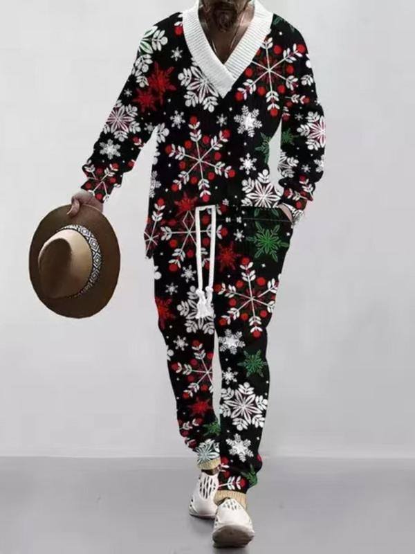 KZZ Two-piece Set Men's Solid Jacquard Drop Shoulder V Neck Top & Drawstring Waist Pants