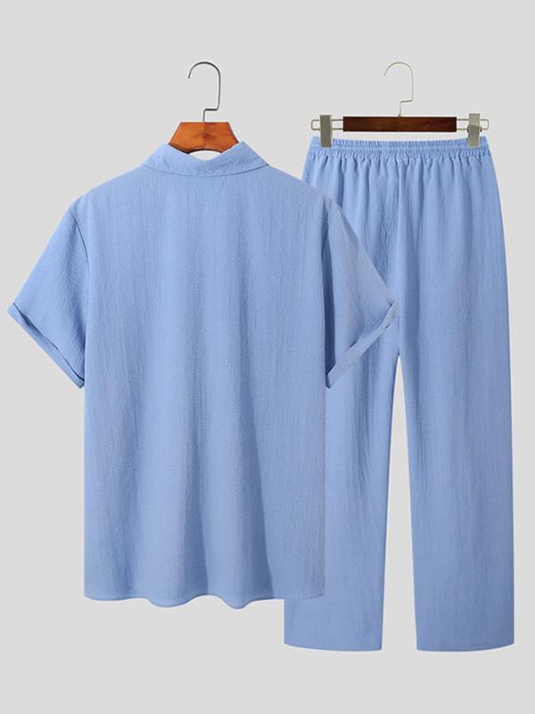 KZZ Summer Men's Textured Shirt and Tie Waist Suit Casual Suit