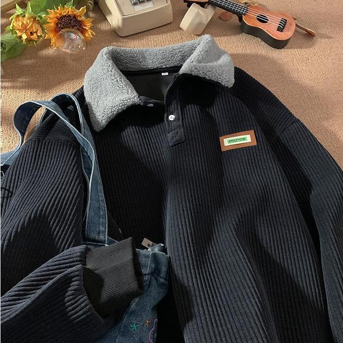 Corduroy Polo collar sweater couple autumn and winter style plus