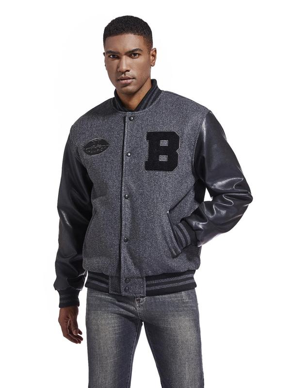 KZZ Men's Letter Patched Pocket Button Front Varsity Jacket