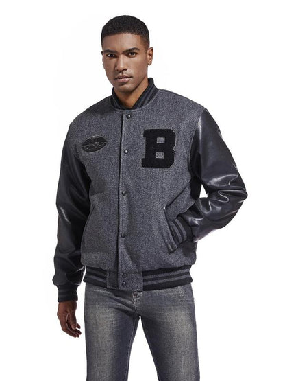 KZZ Men's Letter Patched Pocket Button Front Varsity Jacket