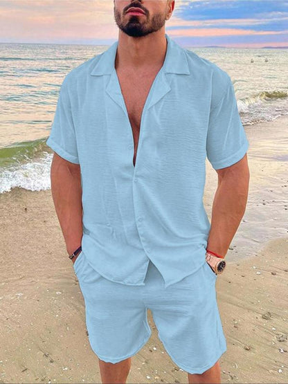 Men's Solid Color Shirt and Elastic Waist Shorts Set