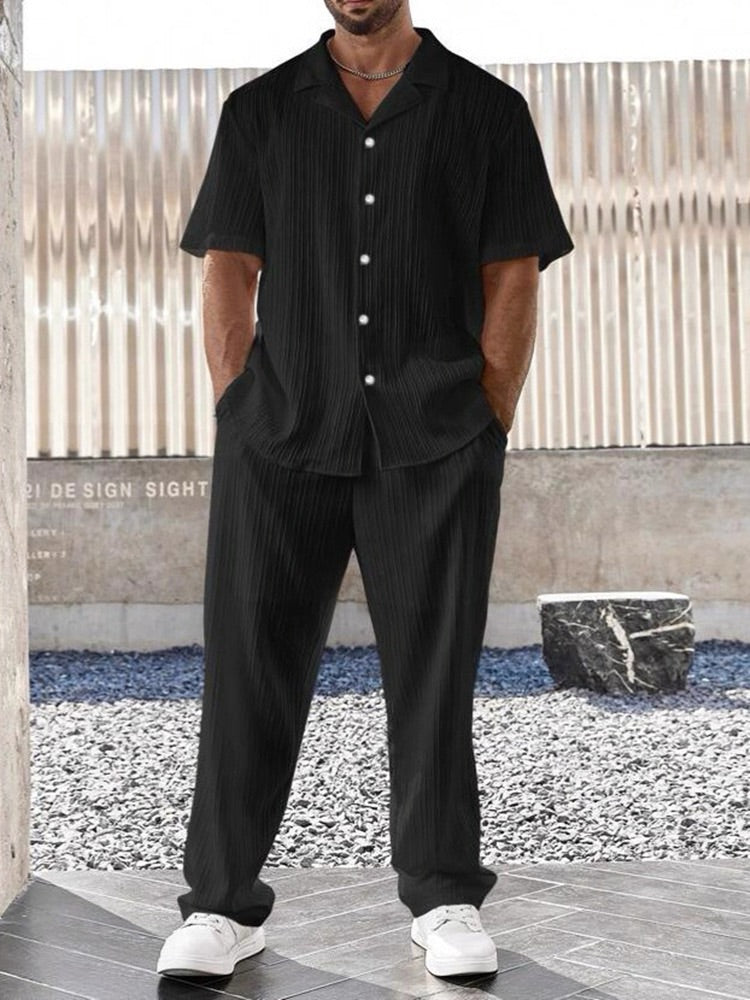 KZZ Men's Two-piece Suit Shirt and Elastic Waist Pants Set