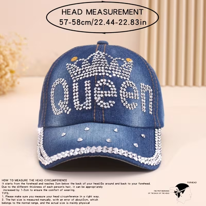 High-quality Rhinestone Queen Retro Adjustable Denim Baseball Cap