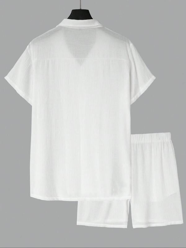 Men's Solid Color Shirt and Elastic Waist Shorts Set