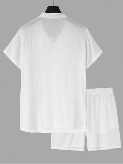 Men's Solid Color Shirt and Elastic Waist Shorts Set