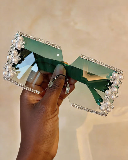 Elegant Flower Decor No Frame Square Luxury Rhinestone Glasses