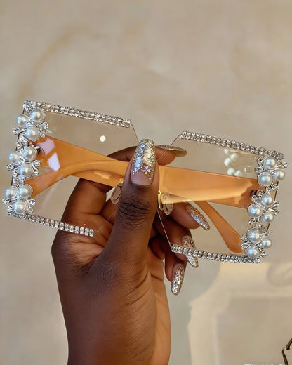 Elegant Flower Decor No Frame Square Luxury Rhinestone Glasses