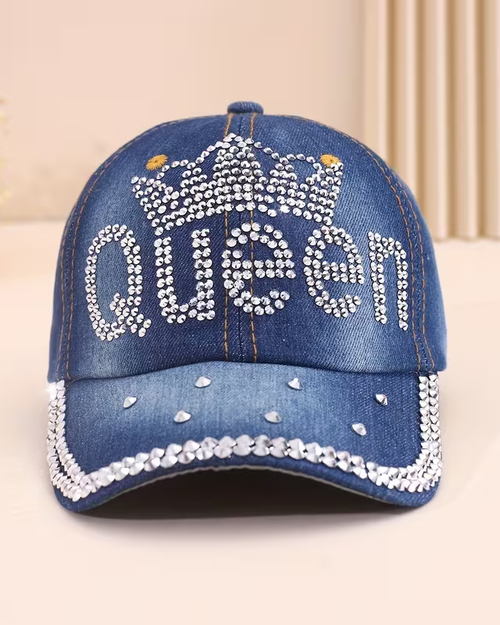 High-quality Rhinestone Queen Retro Adjustable Denim Baseball Cap