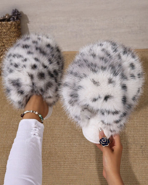 Leopard Print Fluffy Long Plush Closed Toe Warm Cotton Slippers