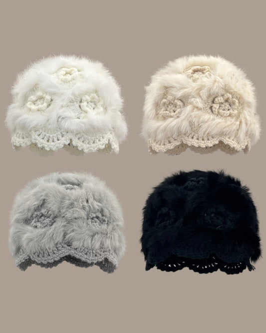 Hand-Crocheted Flower Openwork Angora Beanie