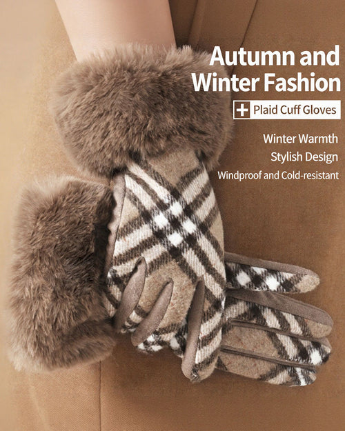 Color-Blocking Plaid German Fleece Touchscreen Full-Finger Gloves