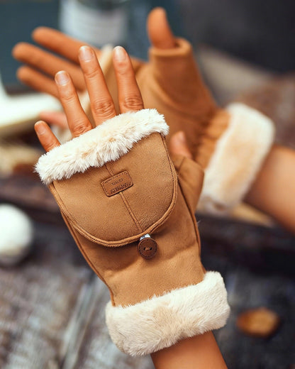 Suede Fleece-Lined Insulated Adjustable Gloves
