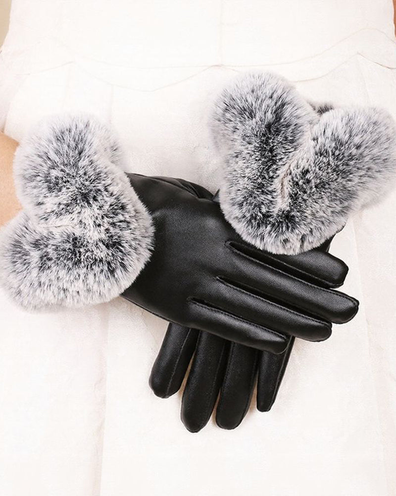 PU Leather Rabbit Fur Fleece-Lined Touchscreen Gloves