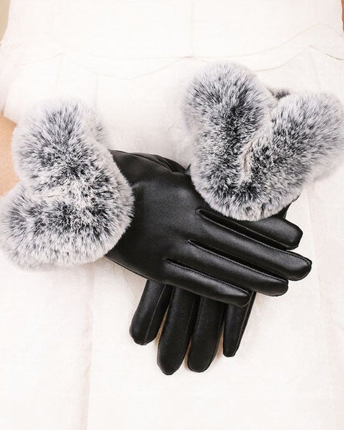 PU Leather Rabbit Fur Fleece-Lined Touchscreen Gloves