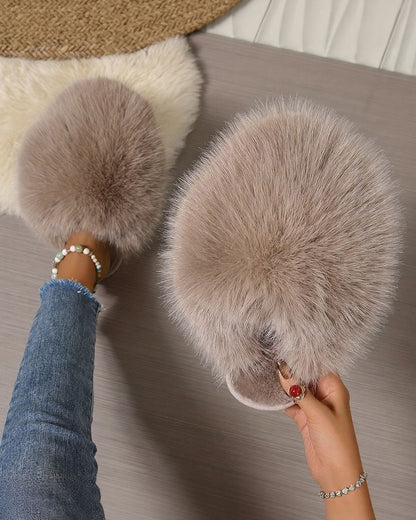 Elegant Fluffy Women'S Slippers | All-Season Solid Color