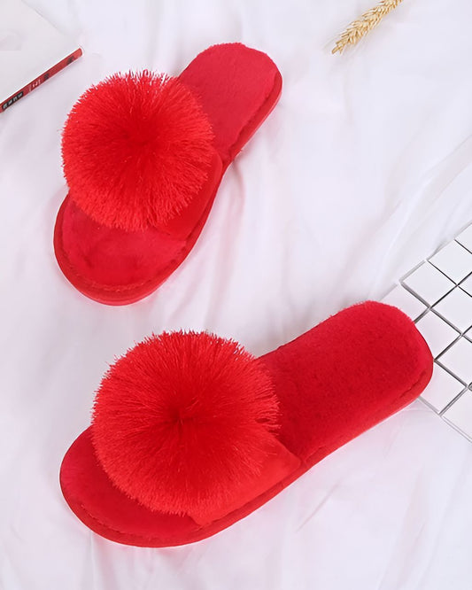 Solid Color Big Pom Pom Flat Fuzzy Plush Slippers