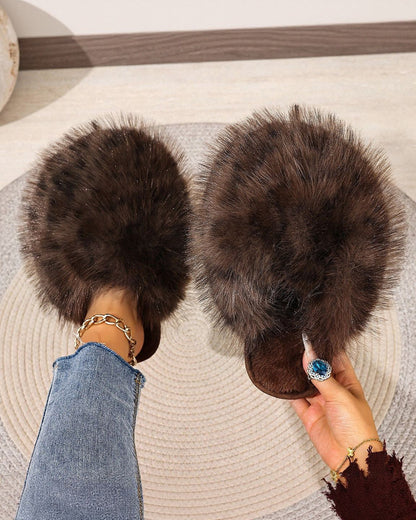 Leopard Print Fluffy Long Plush Closed Toe Warm Cotton Slippers