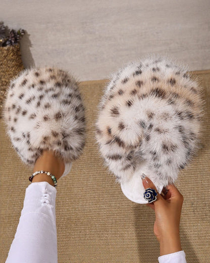 Leopard Print Fluffy Long Plush Closed Toe Warm Cotton Slippers