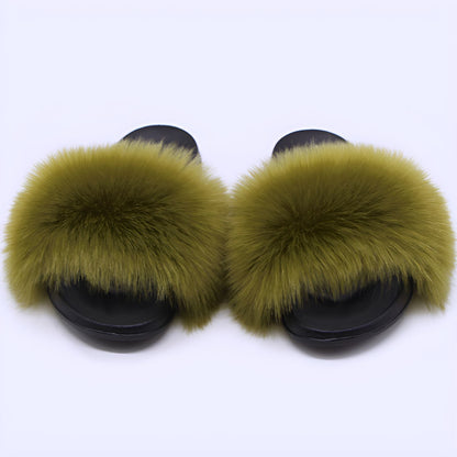 Fox Fur Soft Black Sole Slippers