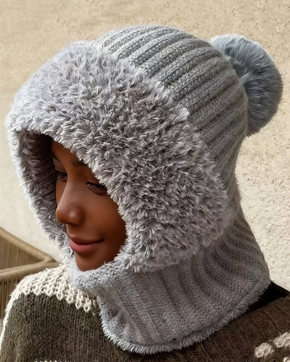 Knitted Plush Warmth-Retaining Scarf-Integrated Pull-On Beanie