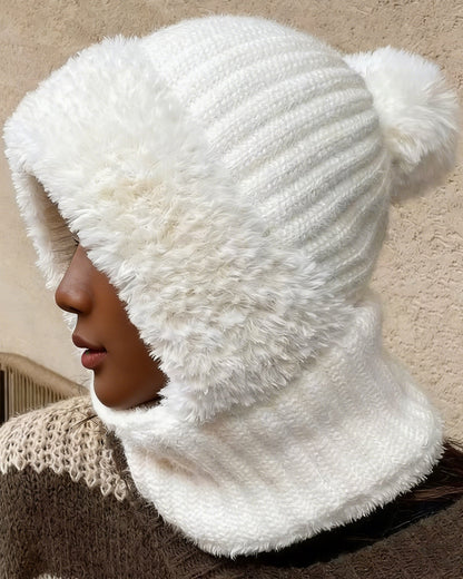 Knitted Plush Warmth-Retaining Scarf-Integrated Pull-On Beanie