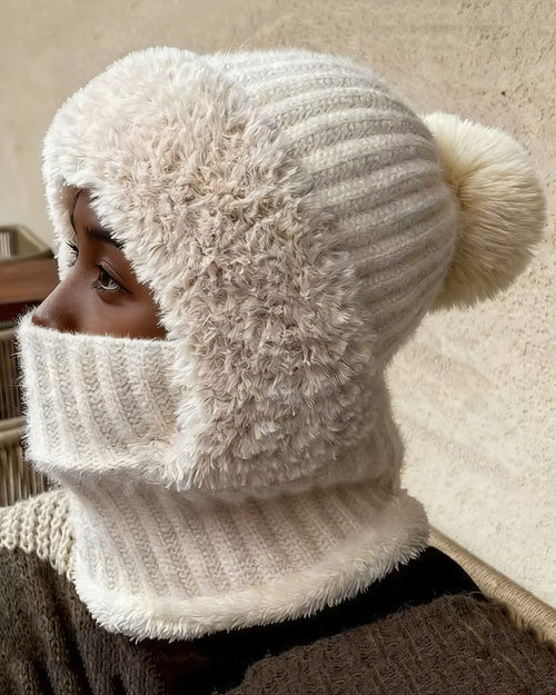 Knitted Plush Warmth-Retaining Scarf-Integrated Pull-On Beanie