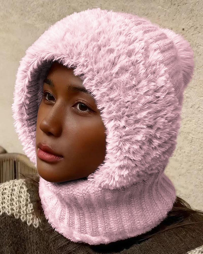 Knitted Plush Warmth-Retaining Scarf-Integrated Pull-On Beanie