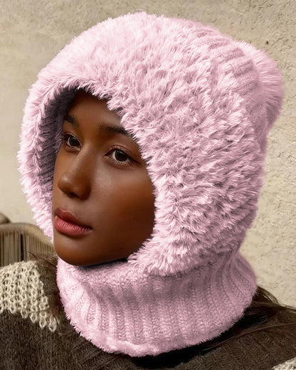 Knitted Plush Warmth-Retaining Scarf-Integrated Pull-On Beanie