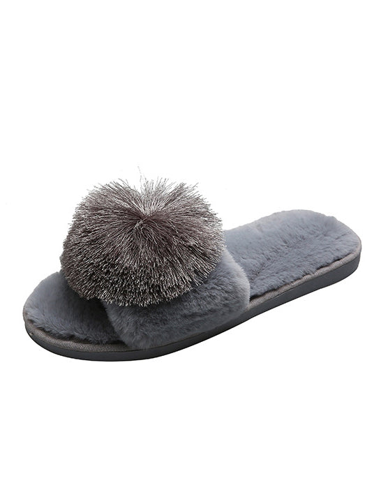 Solid Color Big Pom Pom Flat Fuzzy Plush Slippers