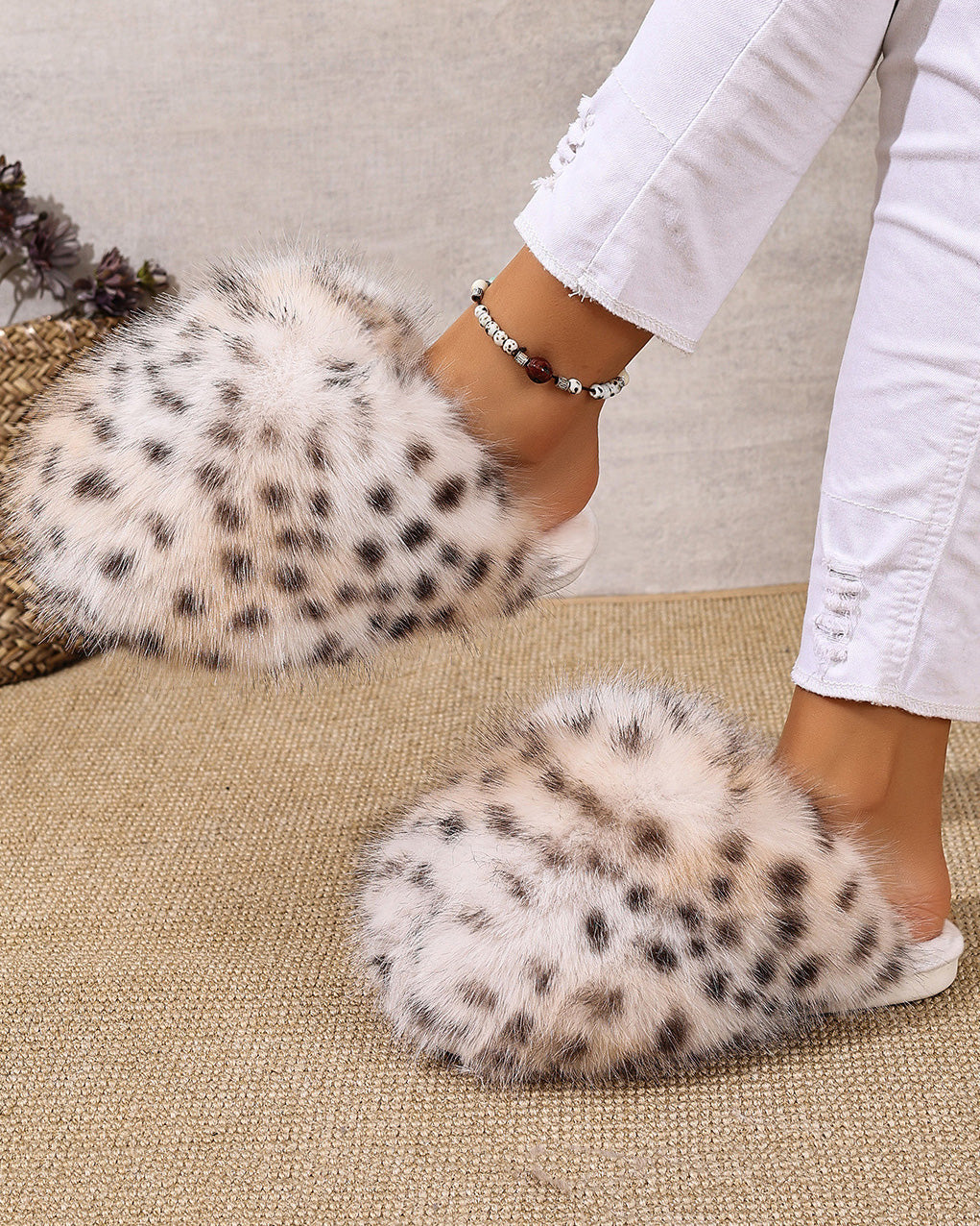 Leopard Print Fluffy Long Plush Closed Toe Warm Cotton Slippers