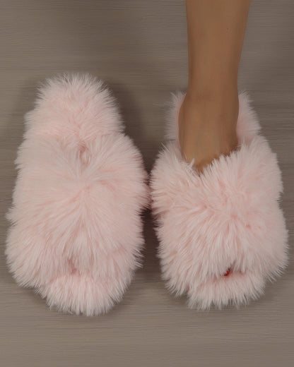 Long Plush Fuzzy Criss Cross Warm Cotton Slippers