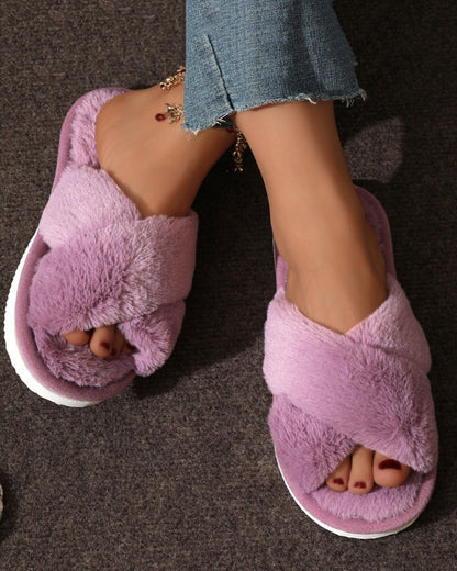 Warm Fuzzy Plush Pearl Criss Cross Flat Slippers