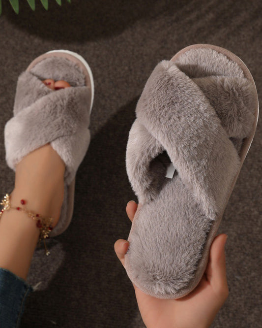 Warm Fuzzy Plush Pearl Criss Cross Flat Slippers