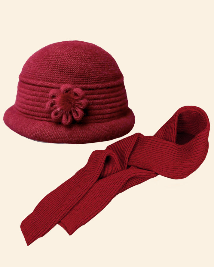 Knitted Flower Jacquard Fleece-Lined Warm 2-Piece Bucket Hat & Scarf Set