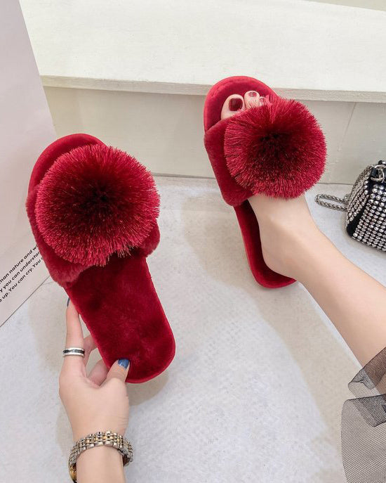Solid Color Big Pom Pom Flat Fuzzy Plush Slippers