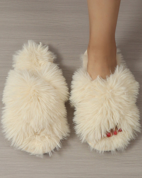 Long Plush Fuzzy Criss Cross Warm Cotton Slippers