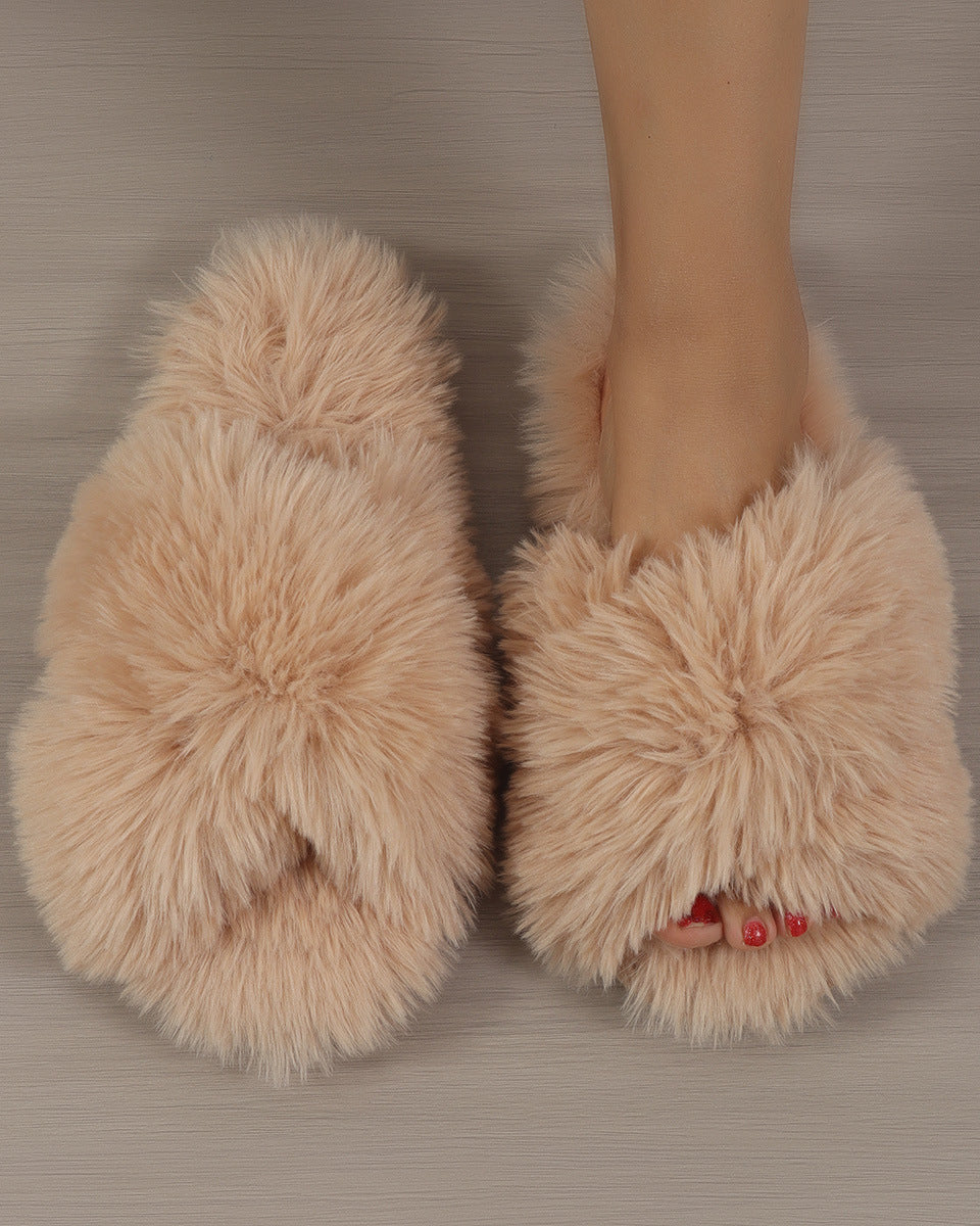 Long Plush Fuzzy Criss Cross Warm Cotton Slippers